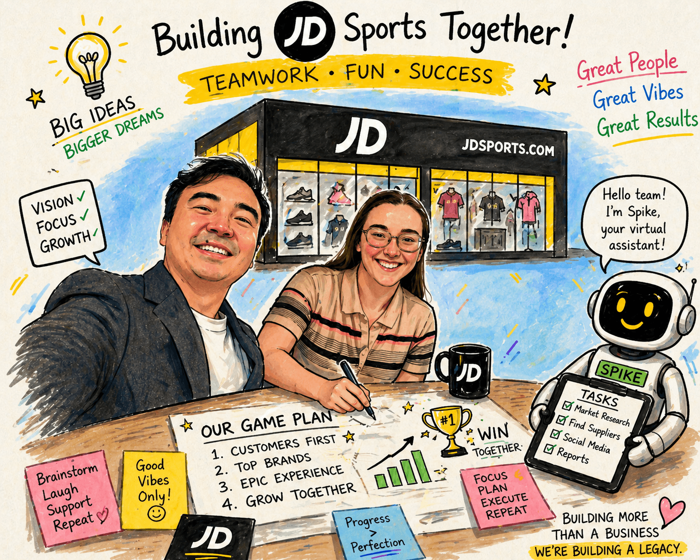 A hand-drawn board titled Building JD Sports Together, with Schaefer and Alim at a JD Sports storefront, sticky notes reading Vision, Focus, Growth, a four-point game plan, and Spike the agent introducing itself