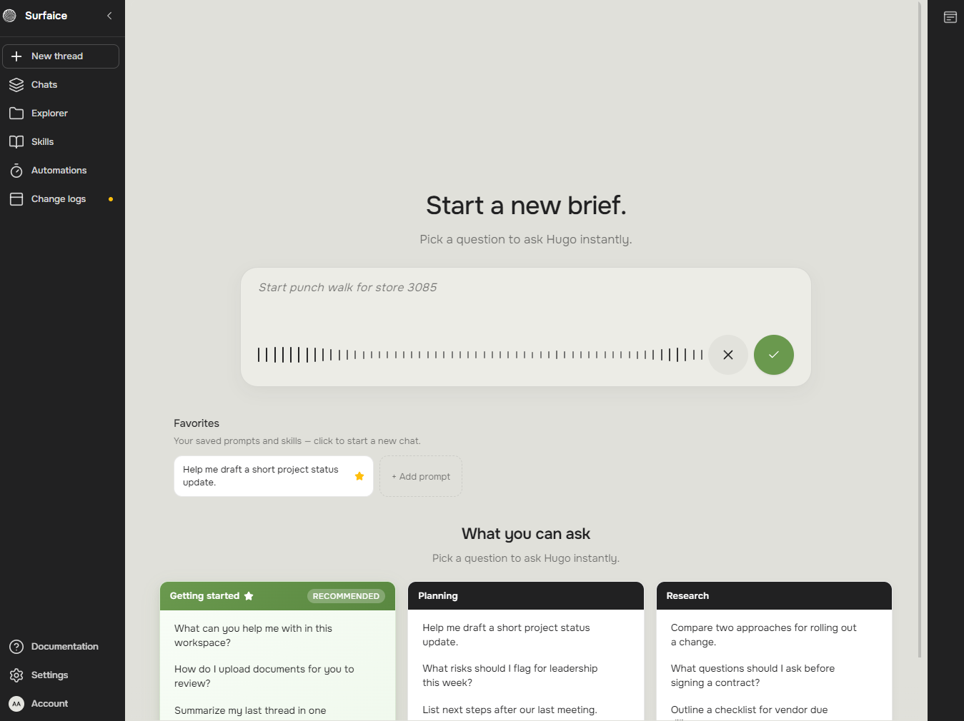 Dictating the start command right from the home screen — the green check keeps the take, the arrow sends.